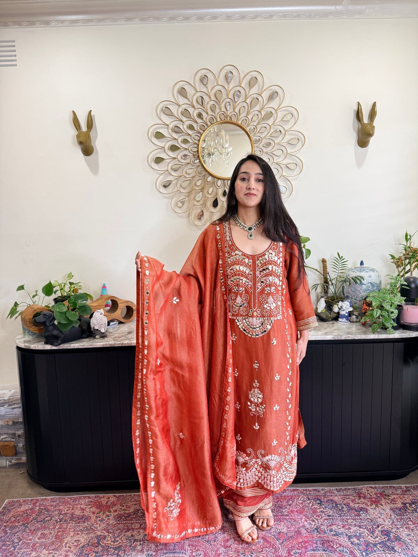 Gota patti reference — burnt orange kurta set with applied work and dupatta
