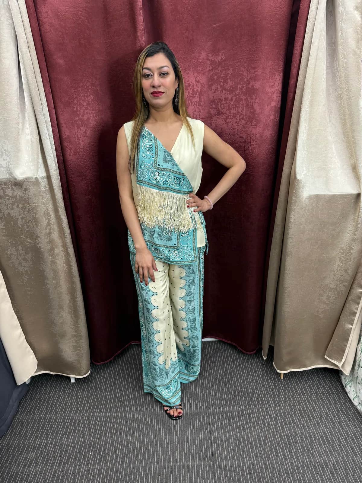Aqua Bandana Print Fringe Top Palazzo Set — image 1