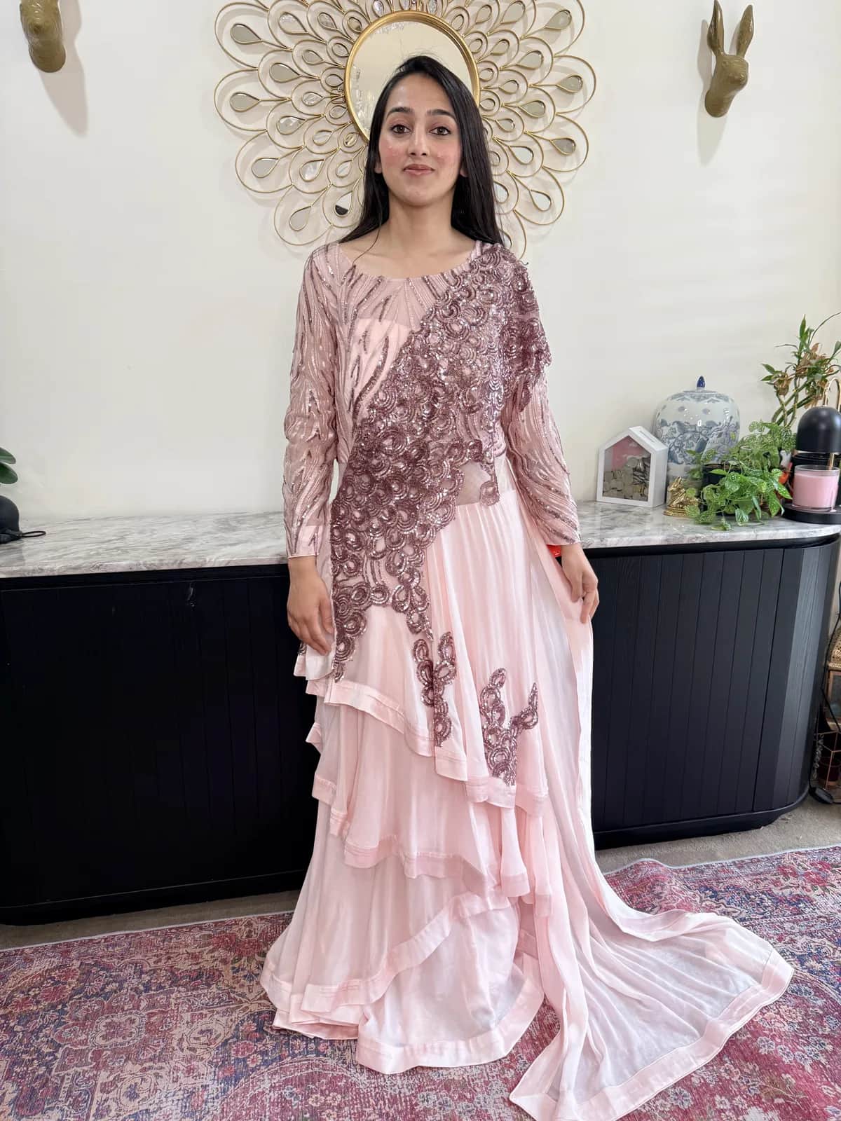 Blush Pink Asymmetric Sequinned Gown With Layered Ruffle Skirt — image 1