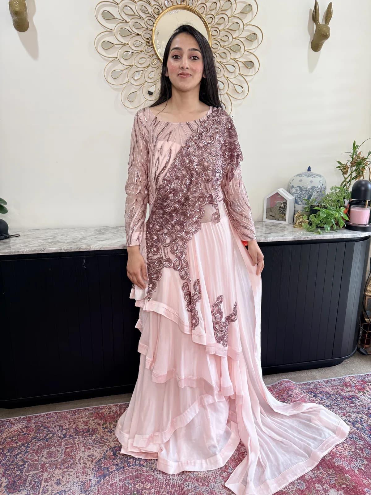 Blush Pink Asymmetric Sequinned Gown With Layered Ruffle Skirt — image 1