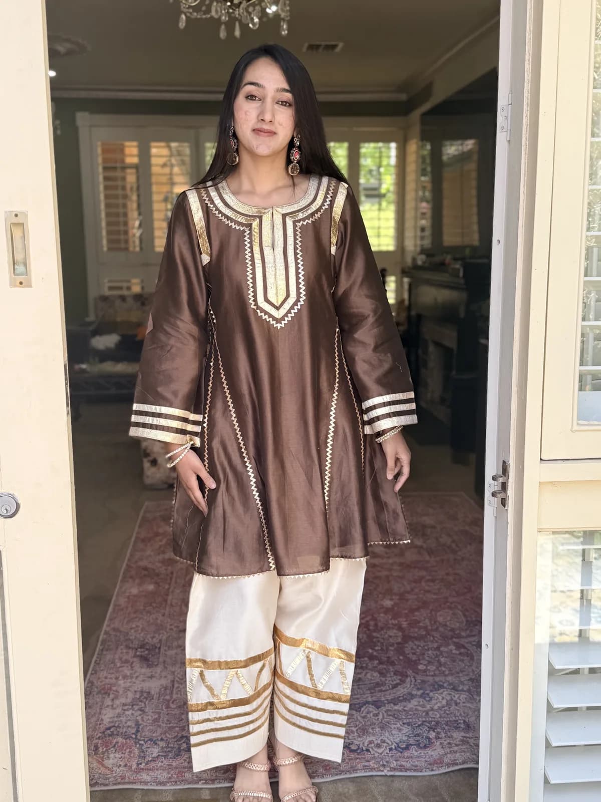 Brown Ivory Gota Work Anarkali Cut Kurta Salwar Set — image 1