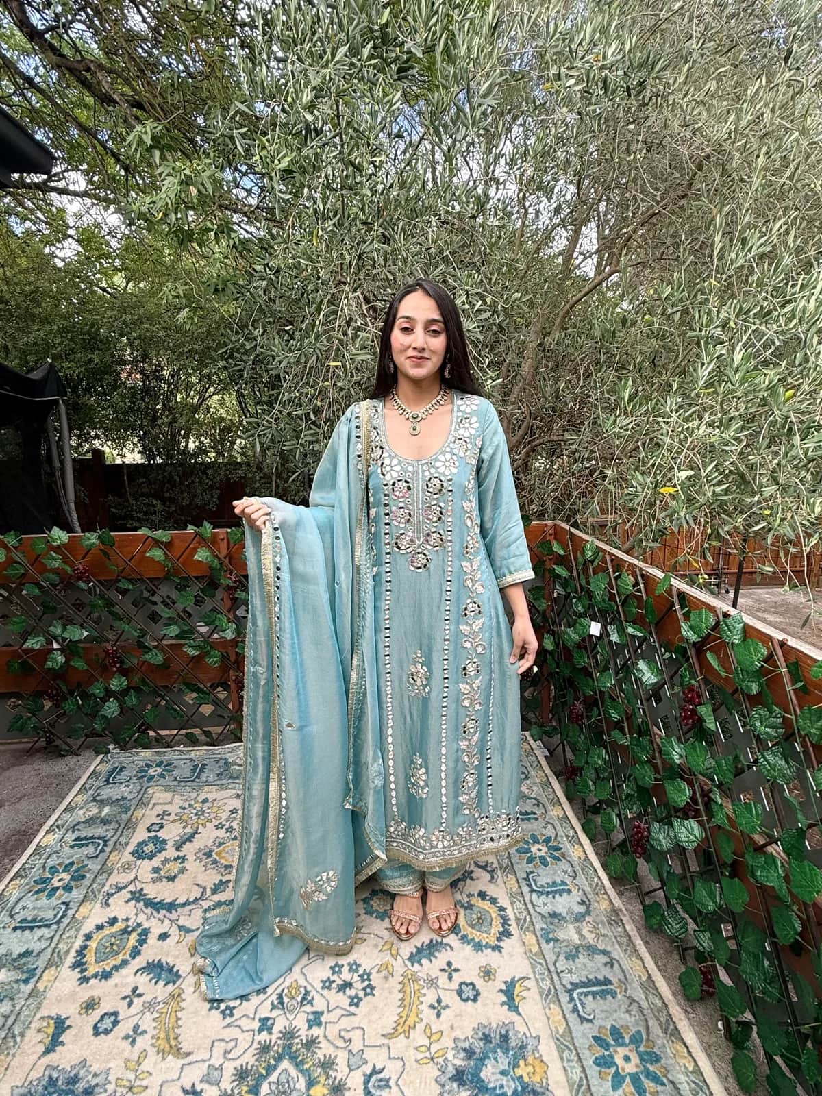 Duck Egg Blue Mirror Work Kurta Set With Dupatta — image 1