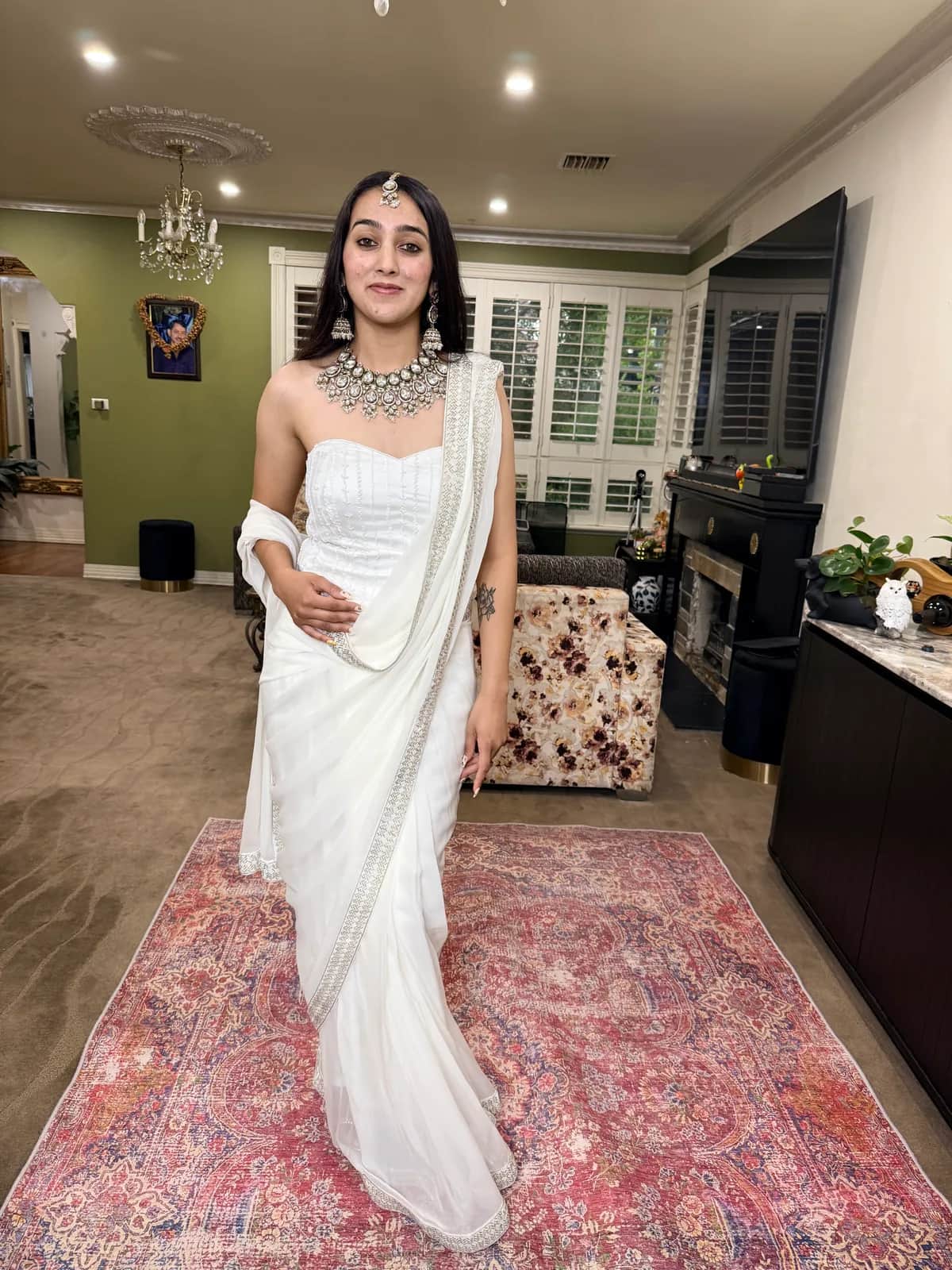 Elegant White Ready To Wear Saree With Embellished Blouse — image 1