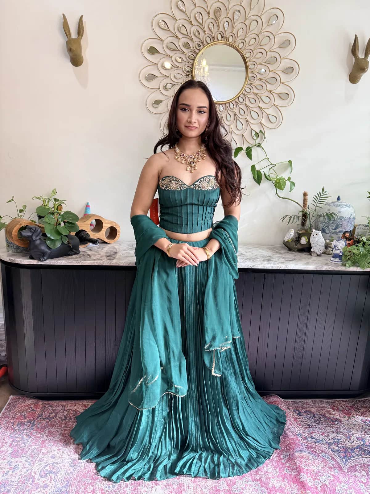 Emerald Green Corset Bustier With Crushed Chiffon Lehenga Tonal Dupatta Designer Cocktail Set — image 1