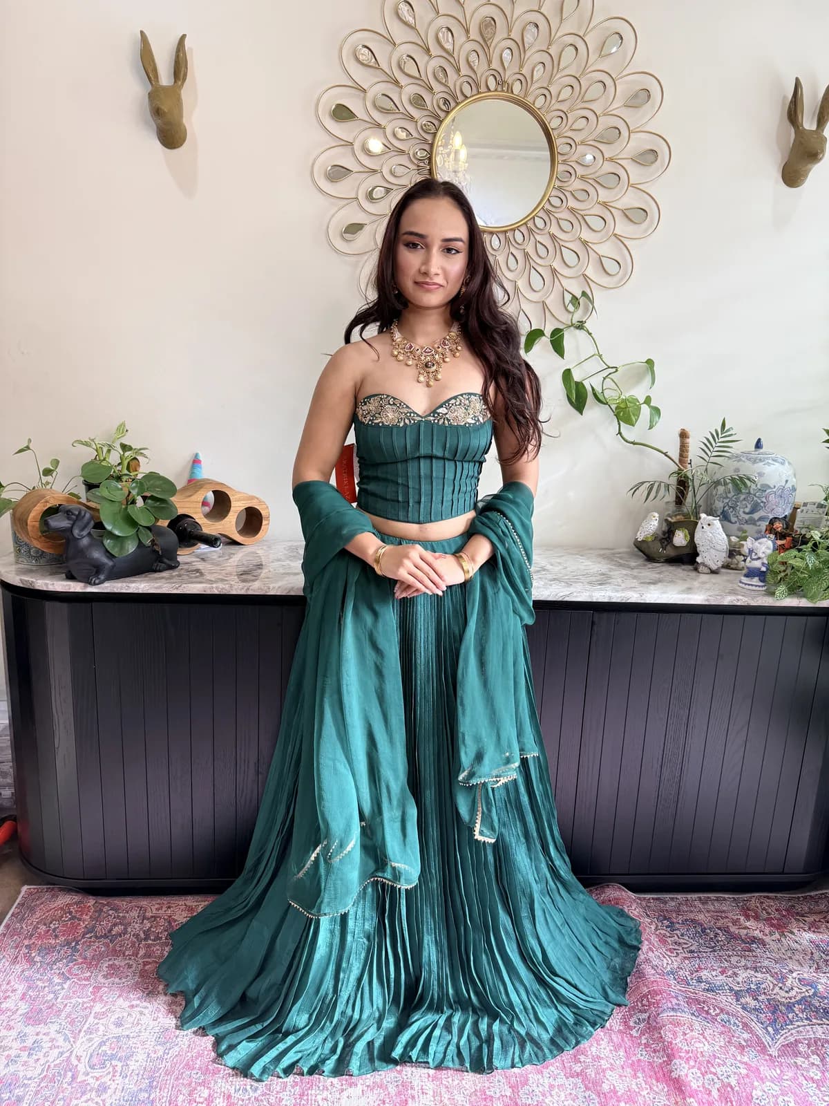 Emerald Green Corset Bustier With Crushed Chiffon Lehenga Tonal Dupatta Designer Cocktail Set — image 1