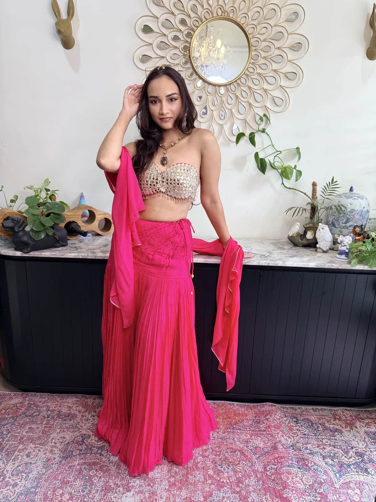 Hot Pink Mirror Work Bustier With Pleated Lehenga Skirt Attached Drape Designer Cocktail Set — image 1