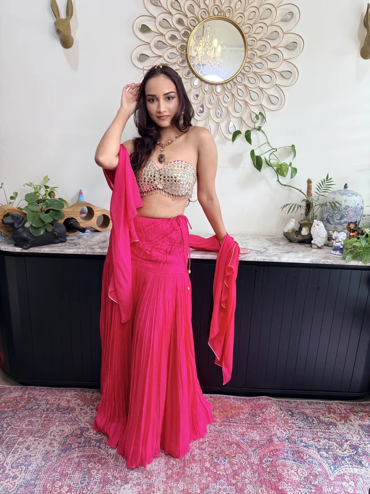 Hot Pink Mirror Work Bustier With Pleated Lehenga Skirt Attached Drape Designer Cocktail Set — image 1