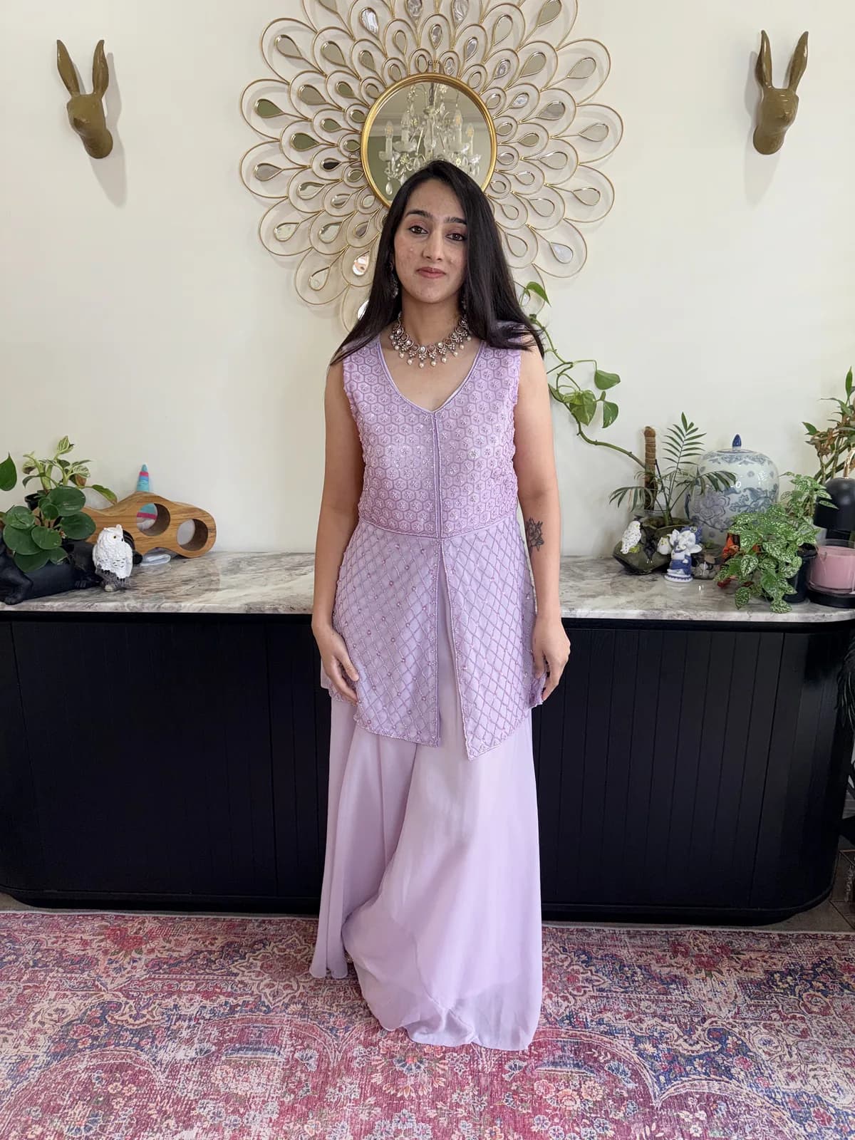 Lilac Beaded Peplum Top With Flared Palazzo — image 1