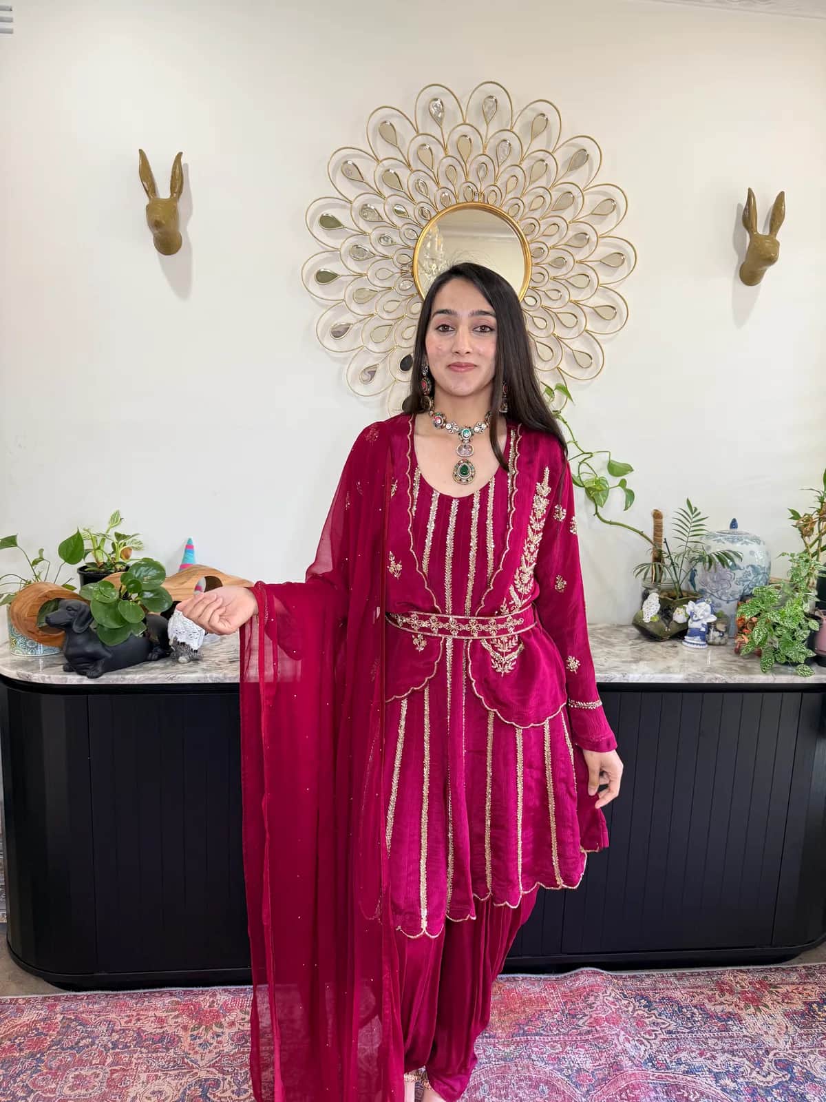 Magenta Designer Patiala Set With Embroidered Jacket And Dupatta — image 1