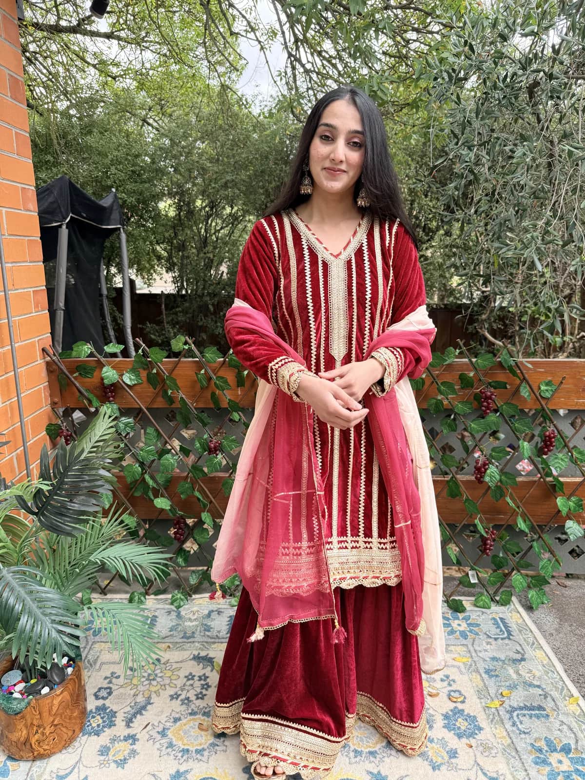 Maroon Velvet Kurta Sharara Set With Gota Work Ombre Dupatta — image 1