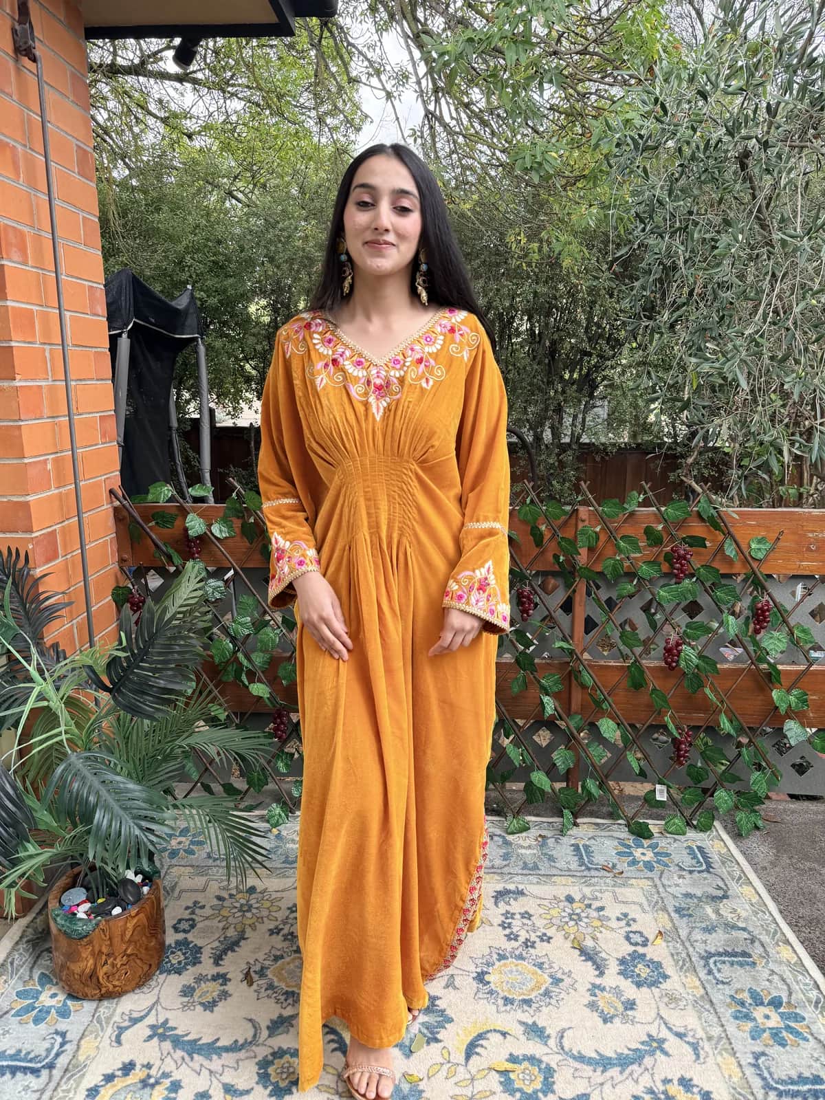 Mustard Velvet Embroidered Kaftan Gown With Mirror Work — image 1