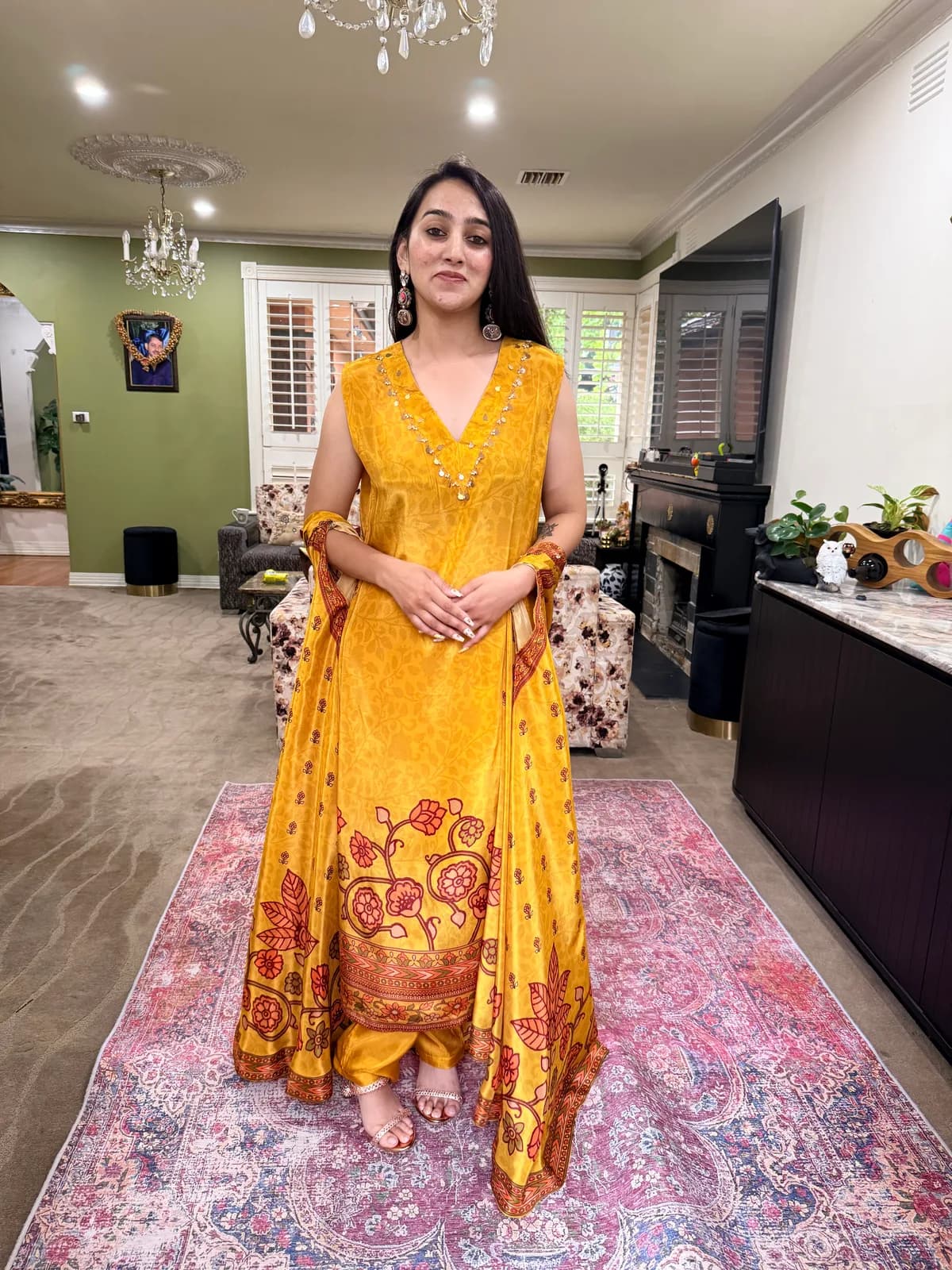 Mustard Yellow Printed Kurta Set With Statement Dupatta — image 1