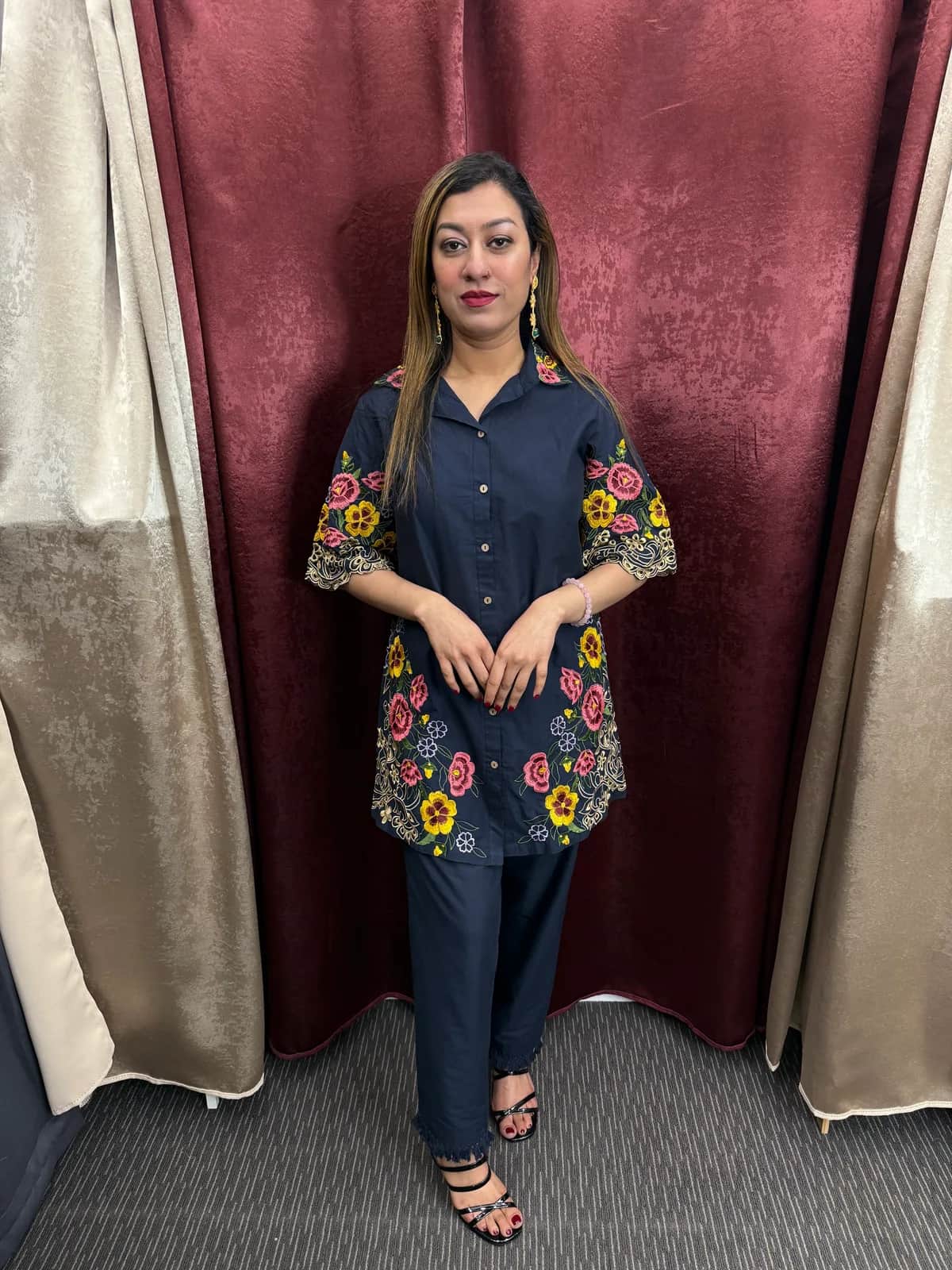 Navy Blue Floral Embroidered Cotton Shirt Kurta Co Ord Set — image 1