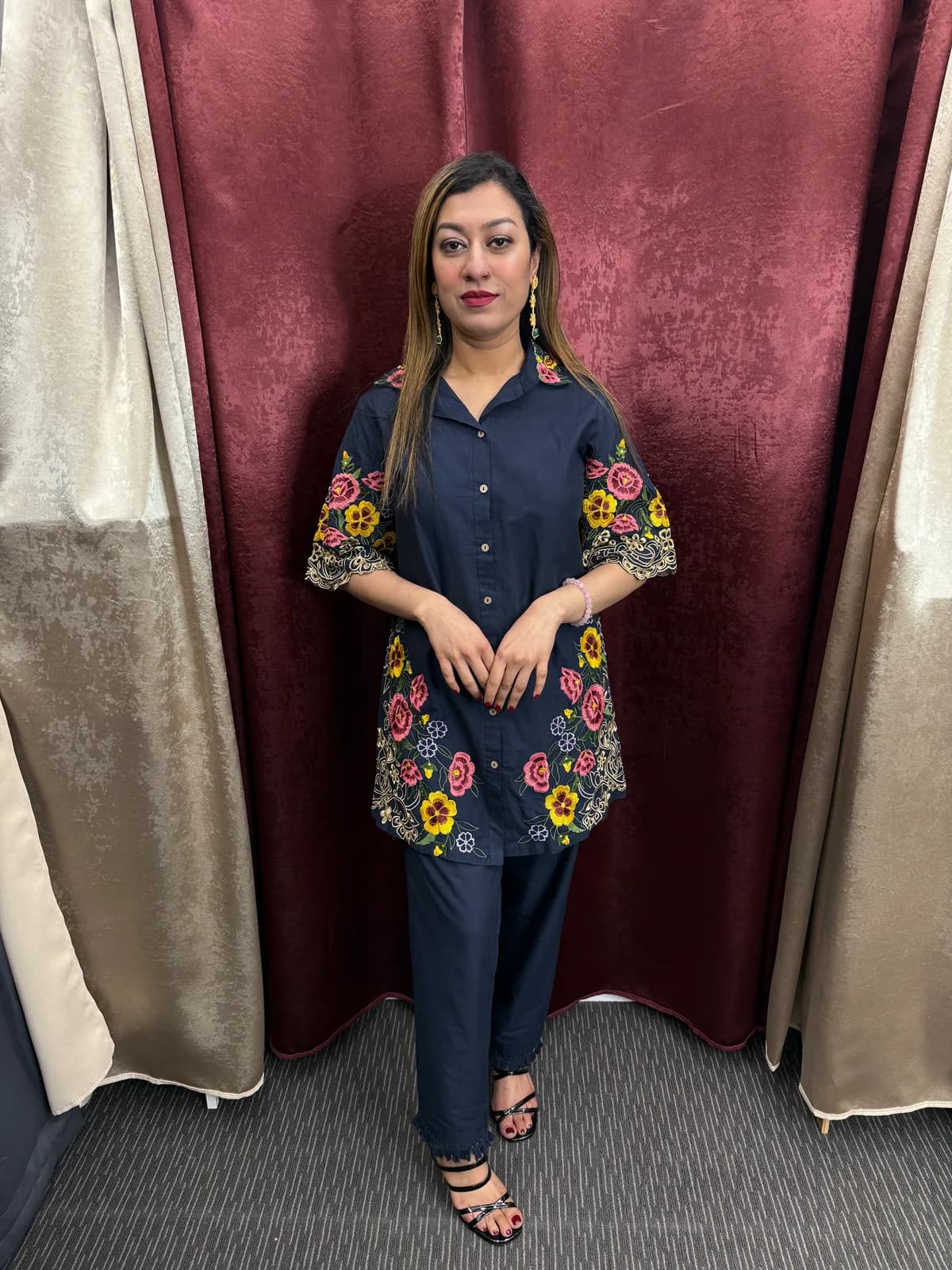 Navy Blue Floral Embroidered Cotton Shirt Kurta Co Ord Set — image 1