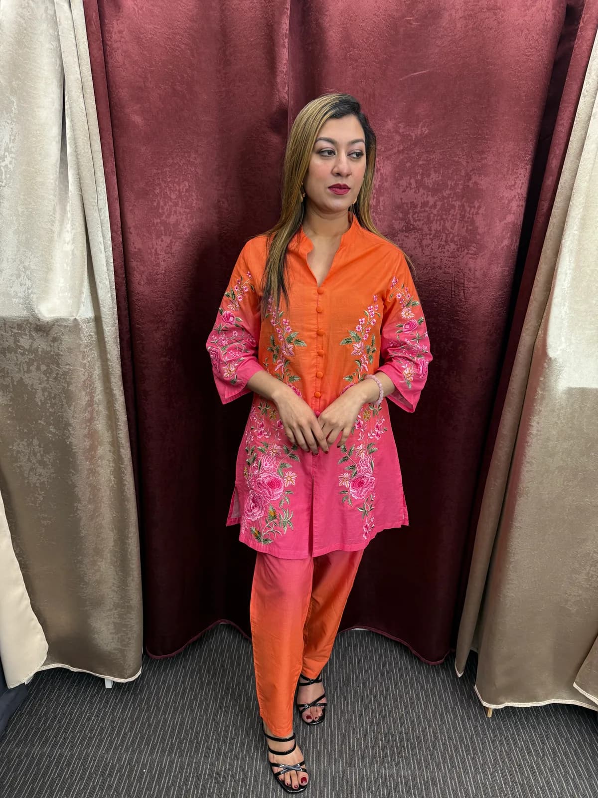 Orange Pink Ombr Embroidered Kurta Set — image 1