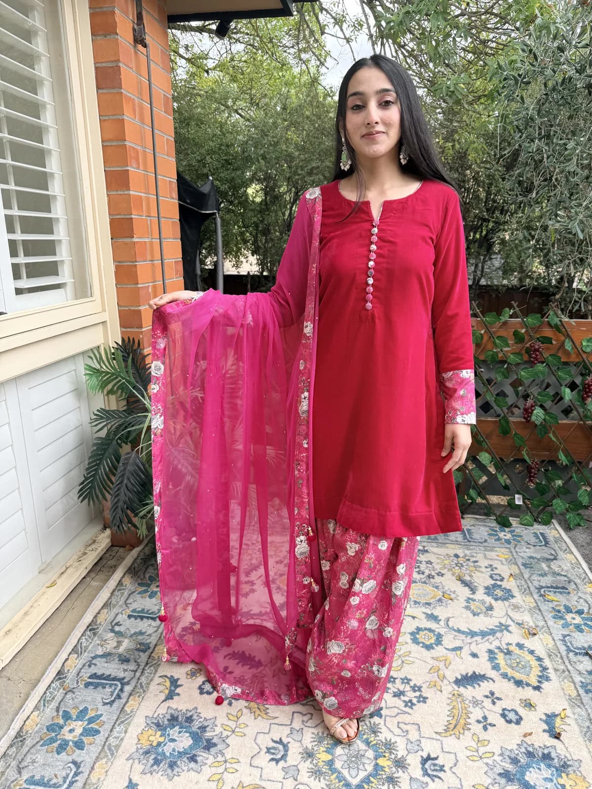Pink Kurta With Floral Printed Sharara Pink Chiffon Dupatta — image 1
