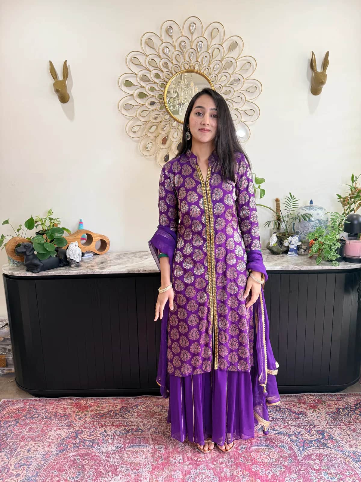 Purple Brocade Sharara Set With Embellished Neckline — image 1