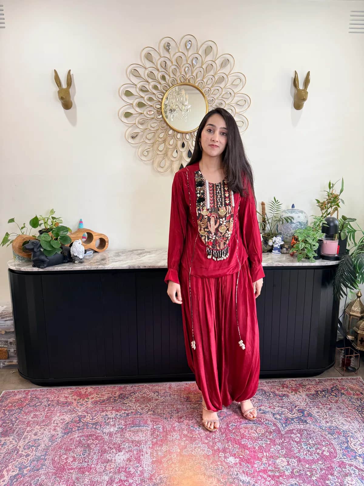 Red Designer Dhoti Set With Embellished Front Panel — image 1