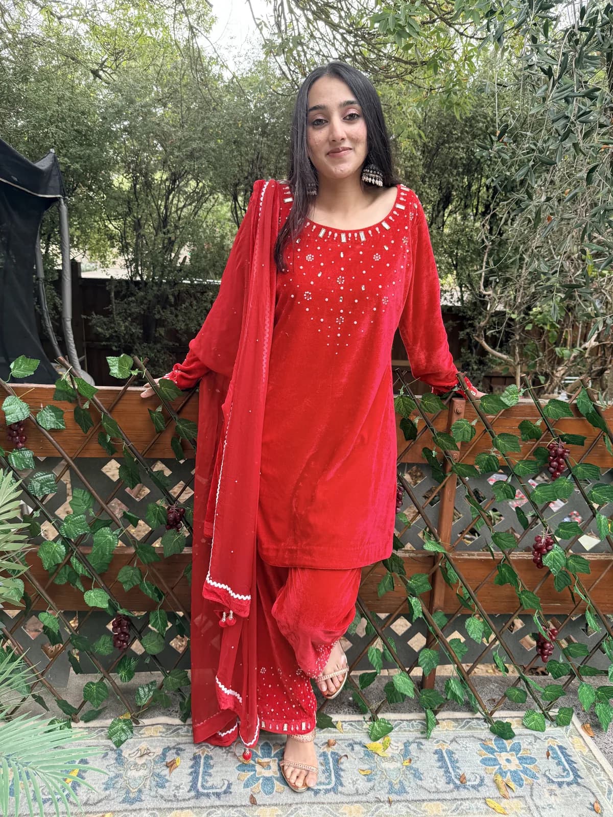 Red Velvet Kurta With Mirror Work Patiala Salwar Set — image 1
