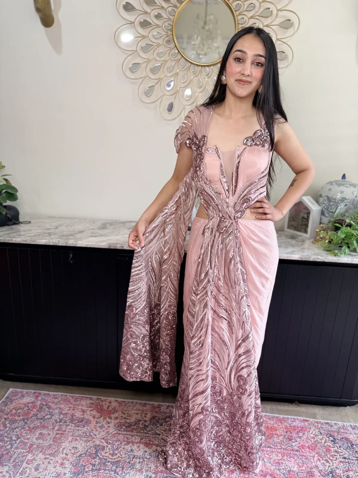 Rose Pink Sequinned Pre Draped Saree Gown With Cape Drape — image 1