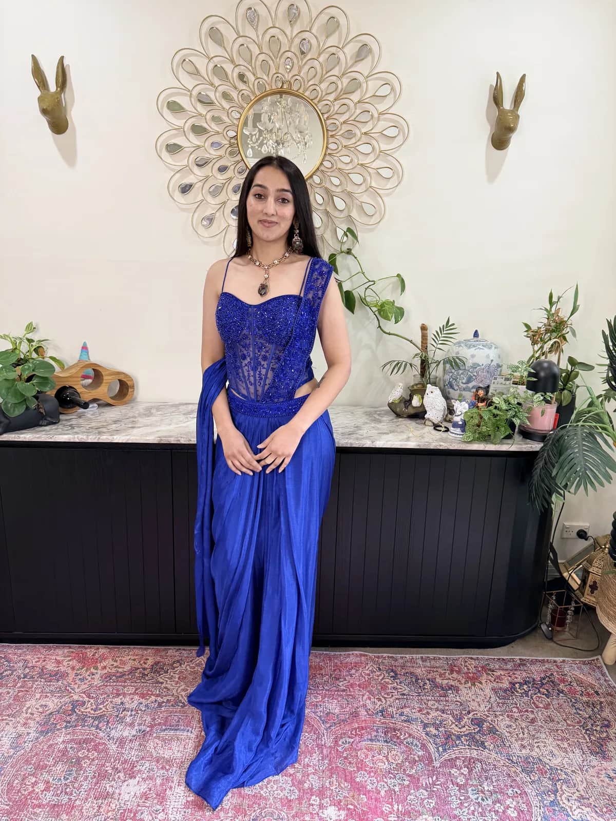 Royal Blue Beaded Corset Top With Pre Draped Saree Skirt Designer Indo Western Cocktail Set — image 1