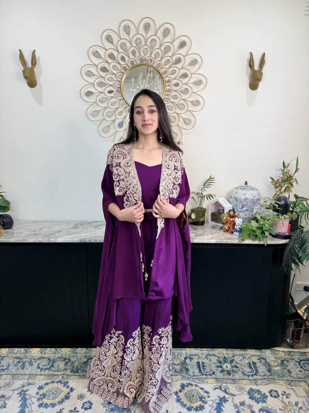 Royal Purple Embellished Cape With Crop Top Heavy Border Sharara Pants Designer Indo Western Three Piece — image 1