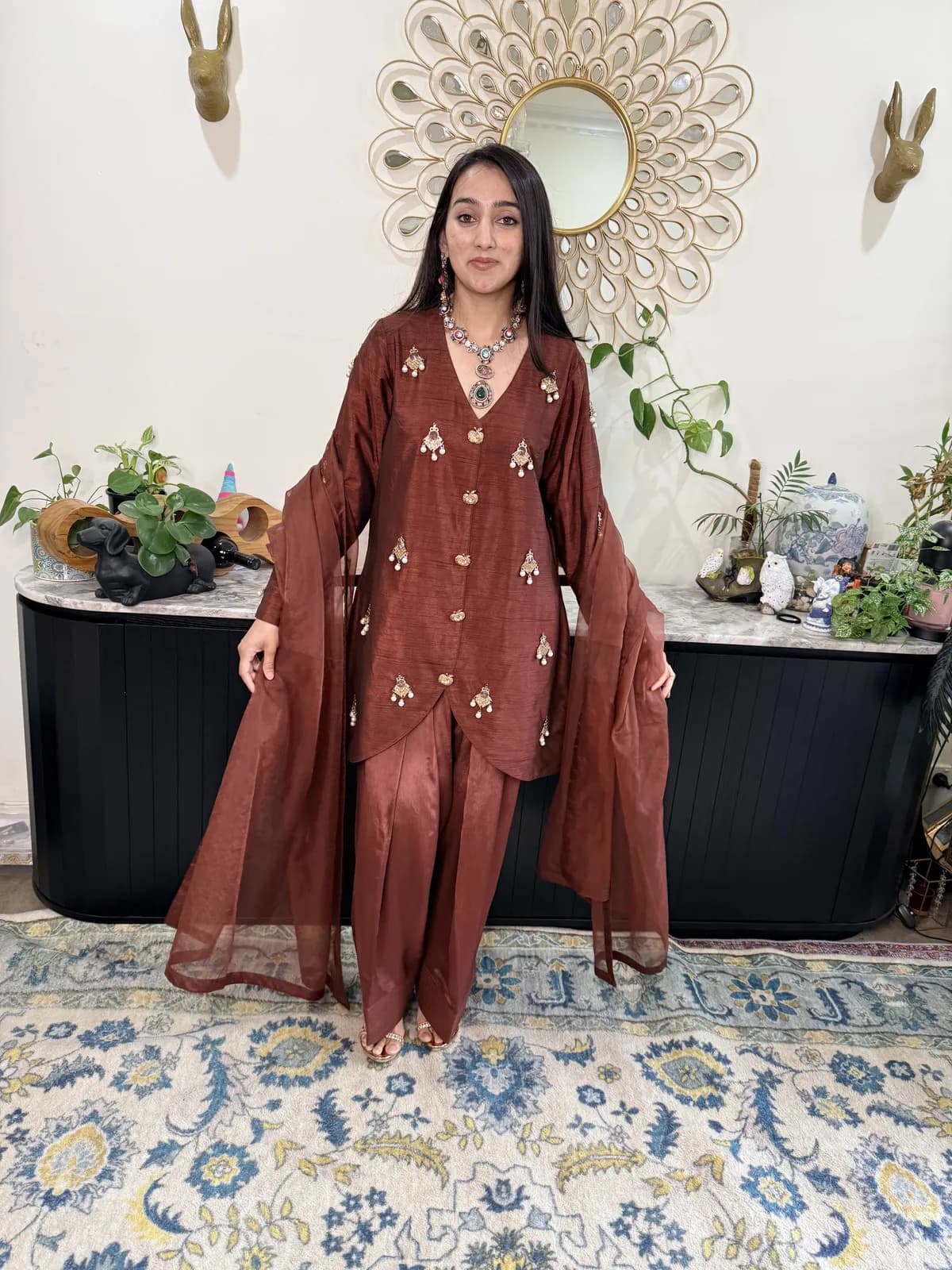 Rust Brown V Neck Kurta With Pearl Drop Buttons Dhoti Pants Organza Dupatta Designer Pakistani Pret Set — image 1