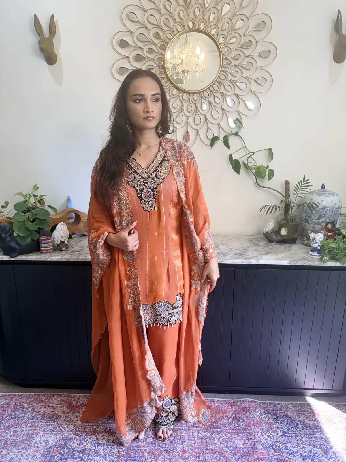 Rust Orange Heavy Embroidered Kurta With Trouser Scalloped Dupatta Luxe Festive Suit — image 1