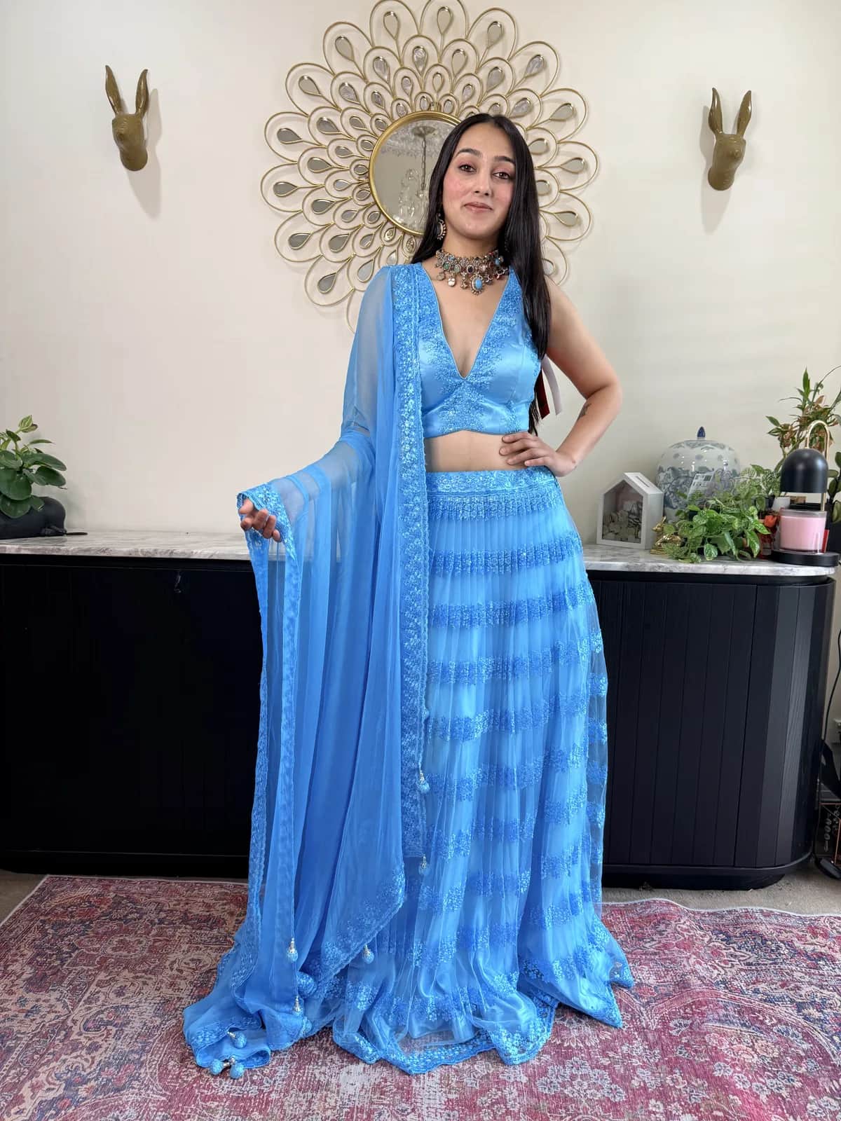 Sky Blue Embroidered Lehenga With Plunge Choli Sheer Dupatta — image 1