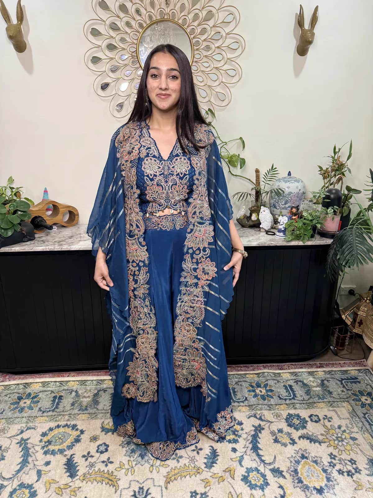 Teal Blue Heavy Embroidered Crop Top With Sharara Pants Cowrie Belt Cape Designer Indo Fusion Set — image 1