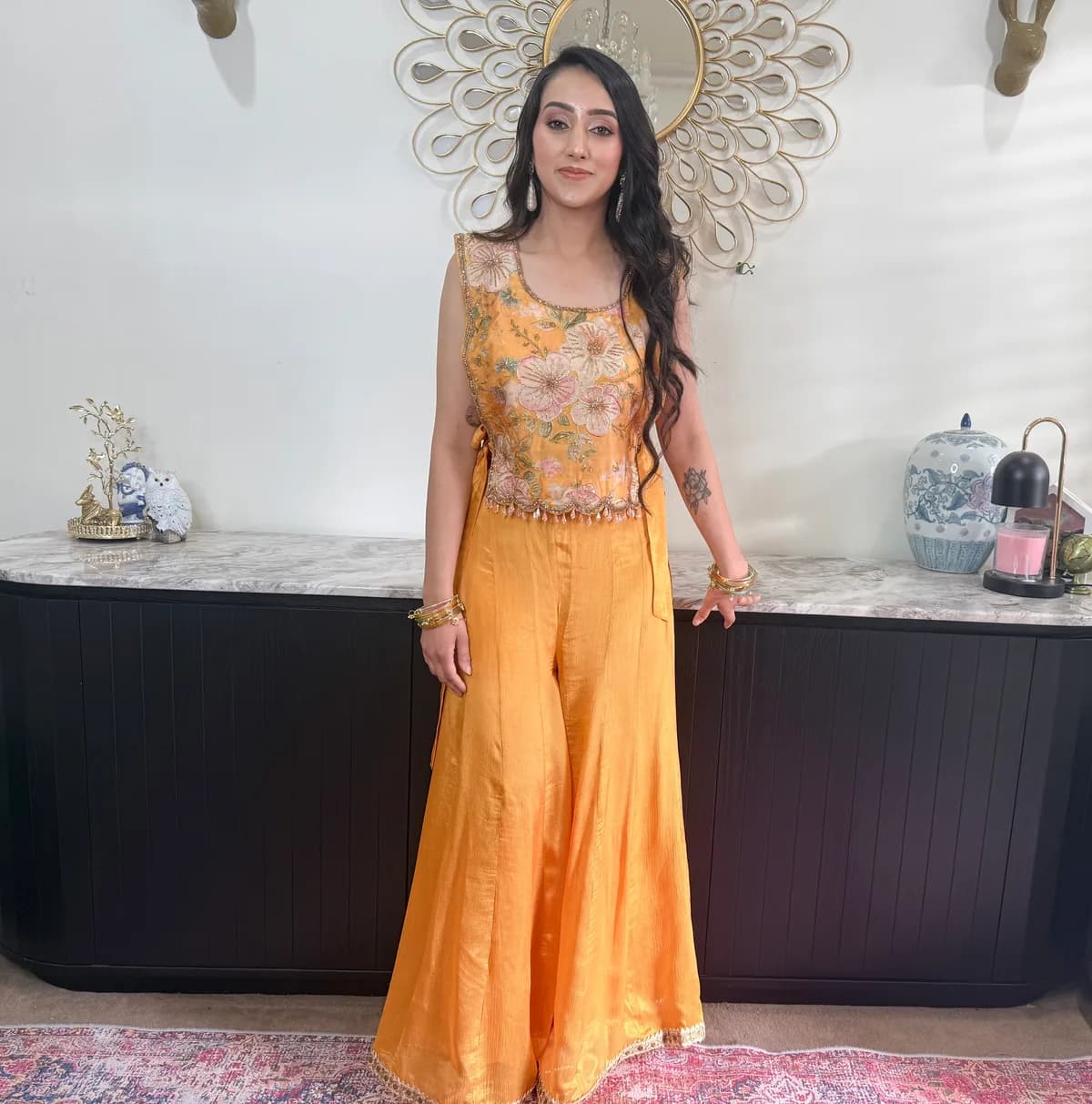 Marigold Crop Top Cape Set with Palazzo