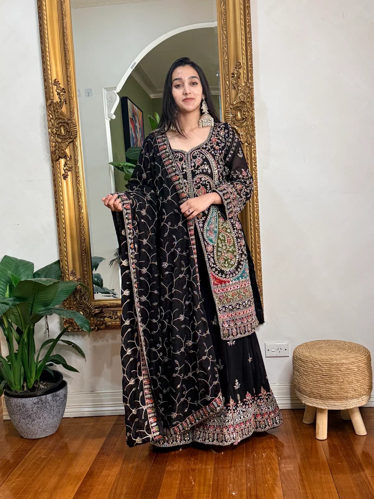 Black Aari Work Sharara Suit with Jaal Dupatta