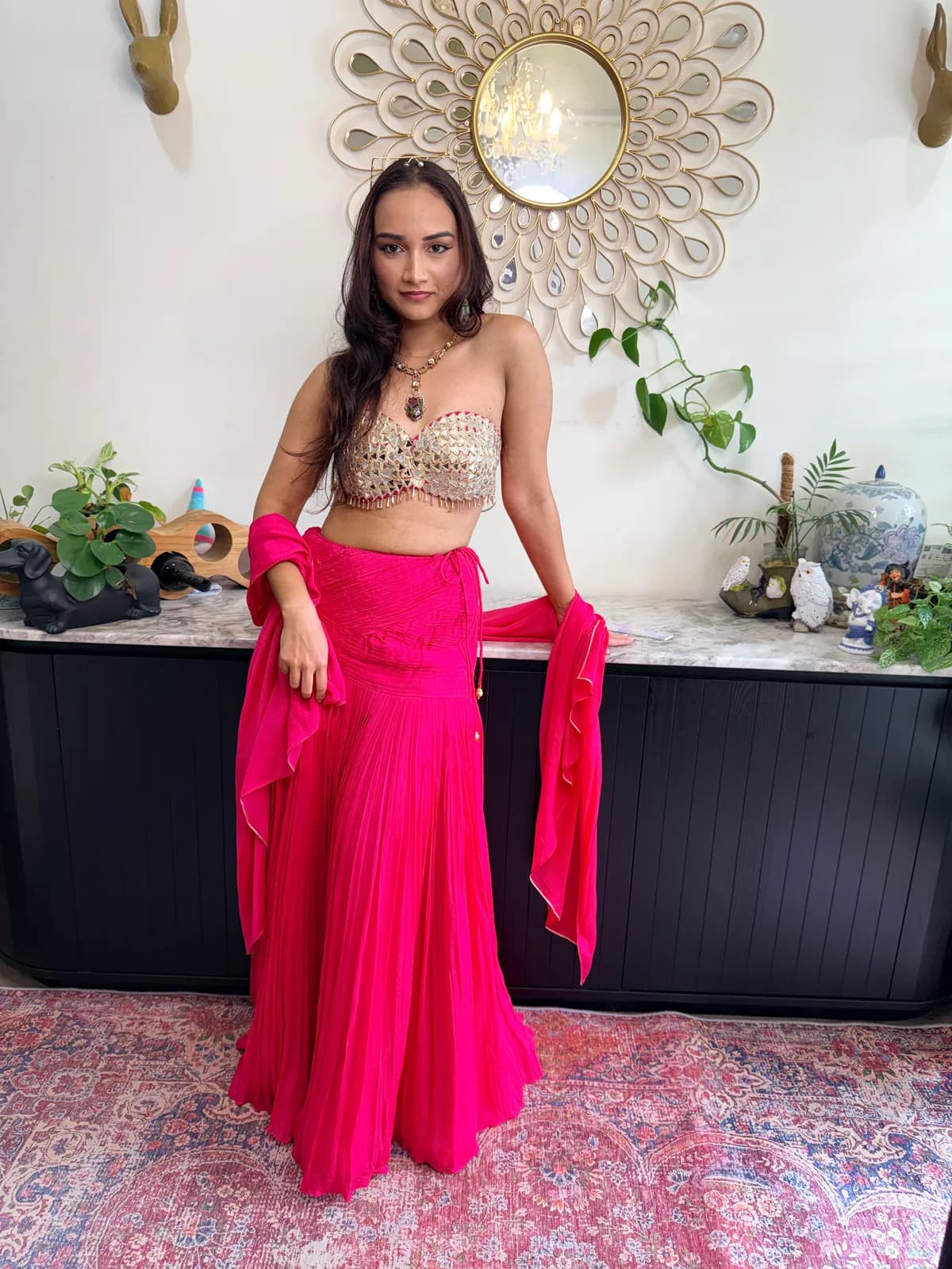 Hot Pink Mirror Work Tube Blouse Lehenga Set