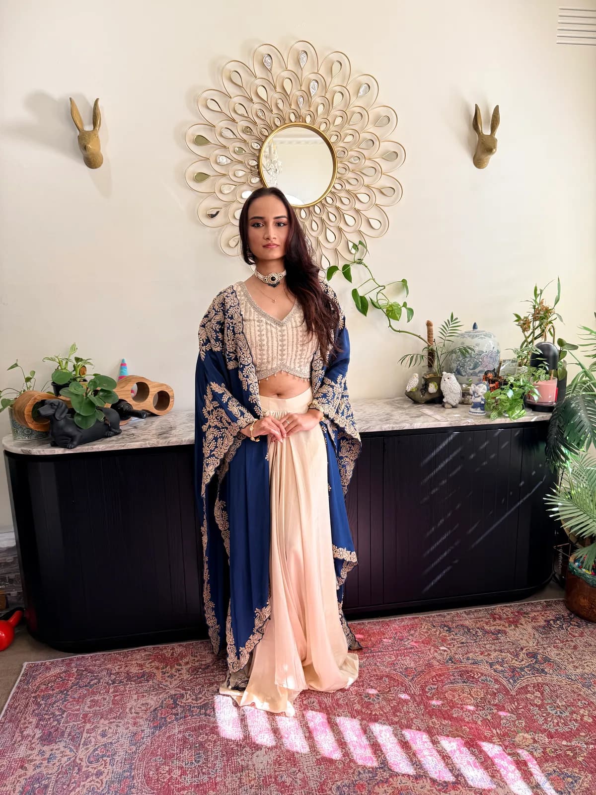 Ivory Drape Skirt Set with Navy Embroidered Cape