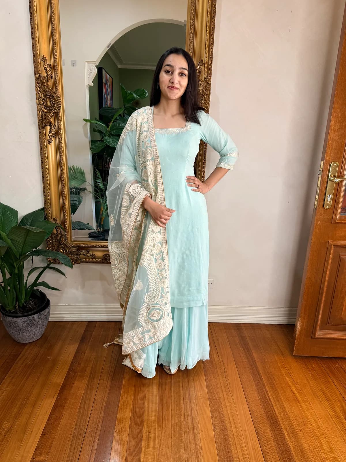 Mint Pearl Sharara Suit with Heavy Jaal Dupatta