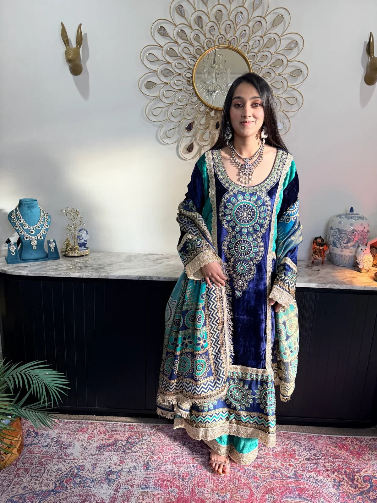 Teal Blue Velvet Suit with Embroidered Dupatta