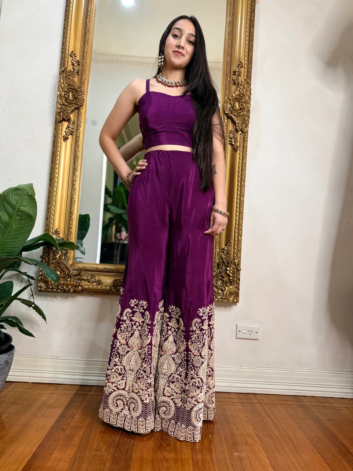 Wine Crop Top Sharara Set with Embroidered Cape