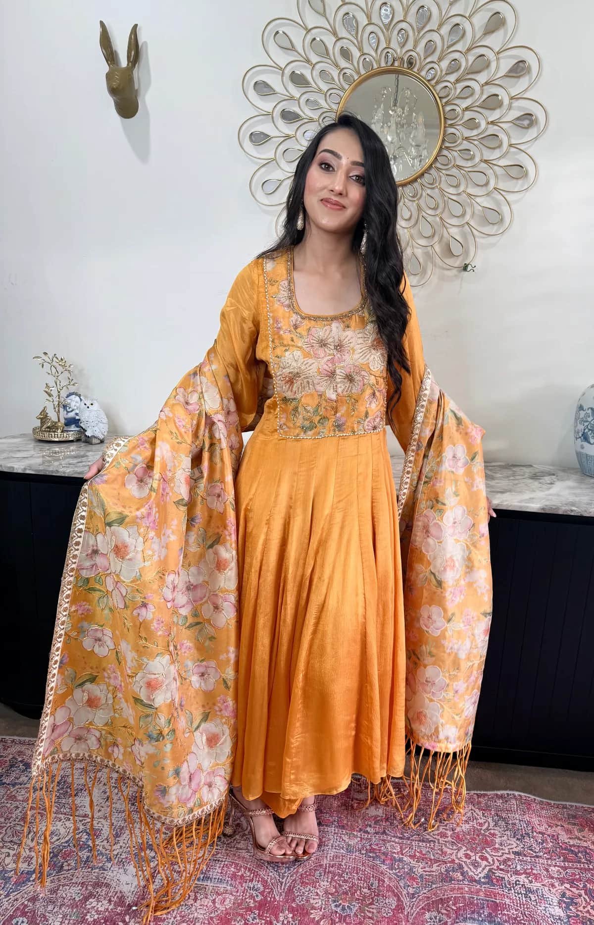 Yellow Chinon Anarkali Set with Printed Dupatta
