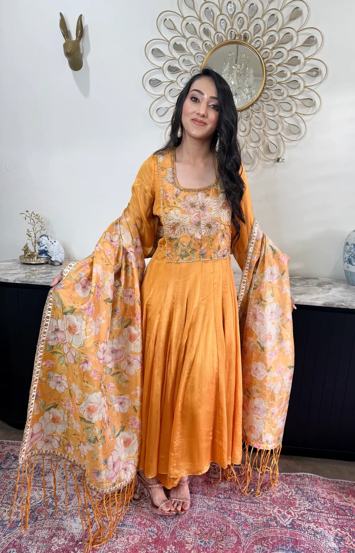 Yellow Chinon Anarkali Set with Printed Dupatta