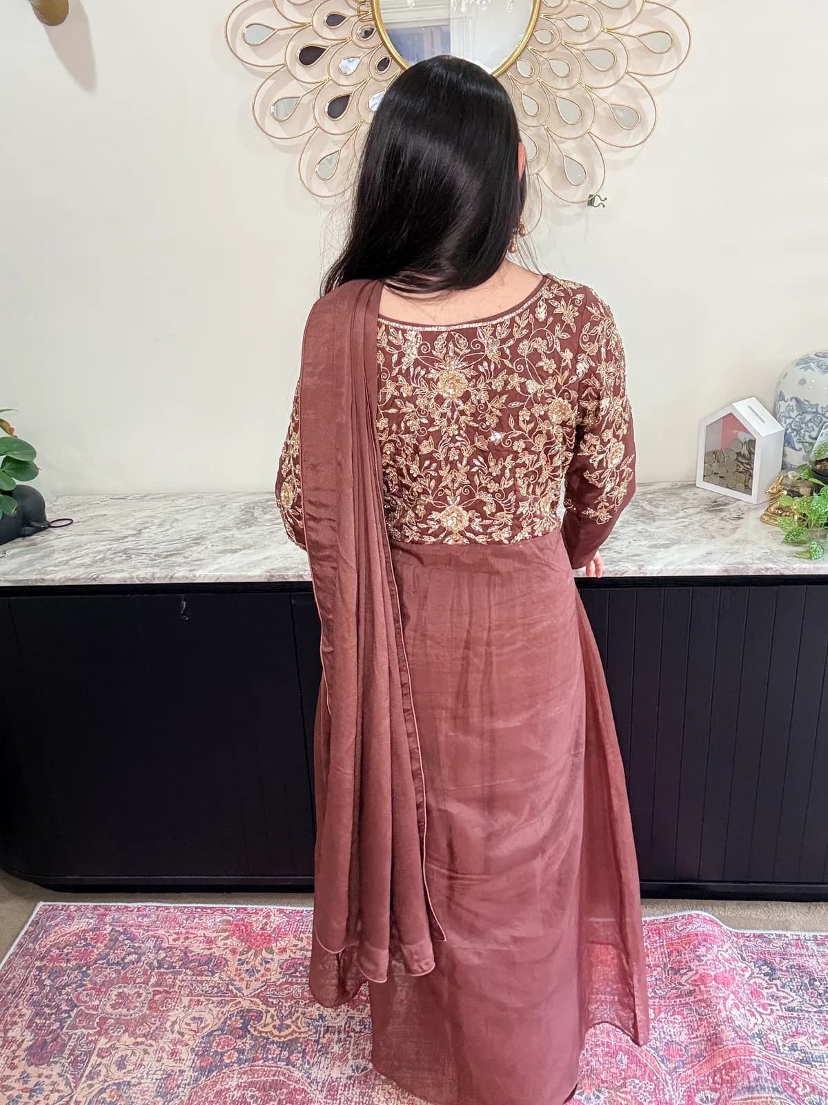 Long jacket hand embroidered blouse teamed with pre stitched saree front view on model