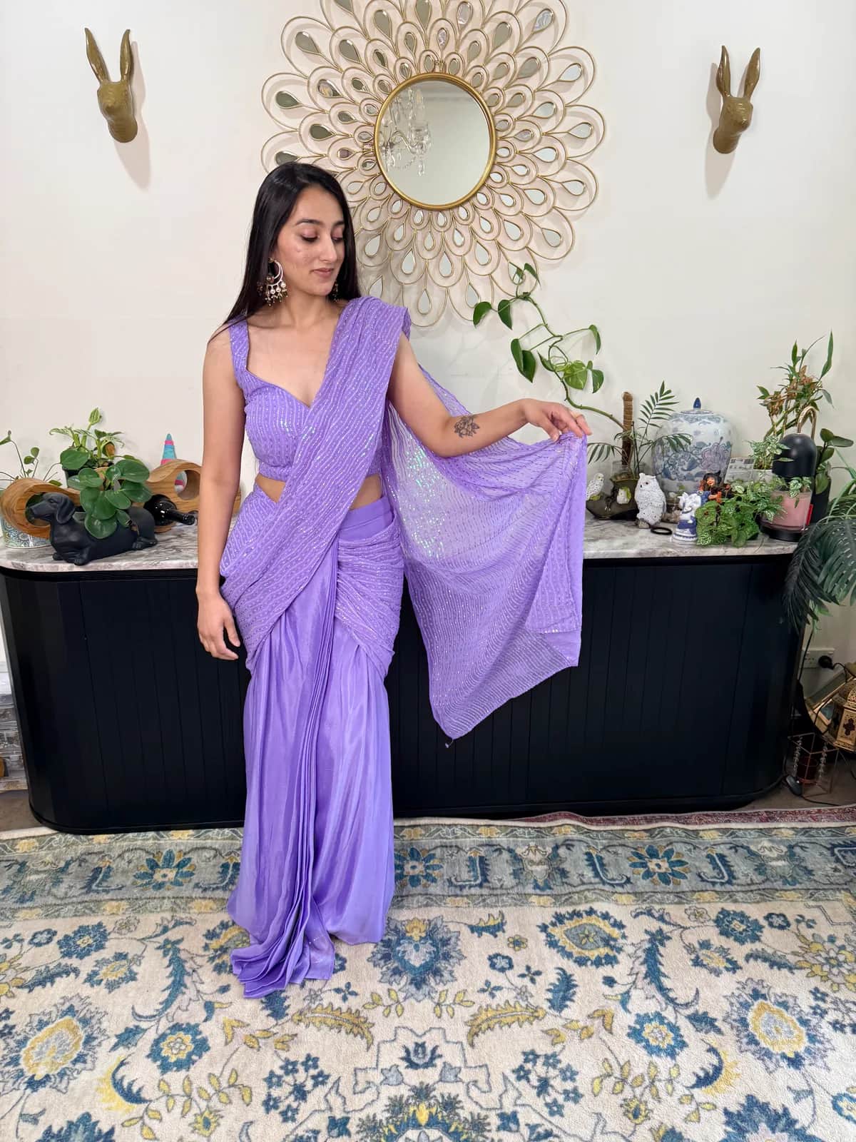Indo western stitched saree skirt with attached drape front view on model