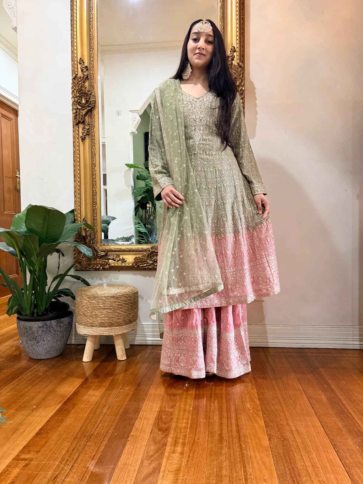 Ombre dyed Heavy zari embroidered anarkali with Sharara front view on model