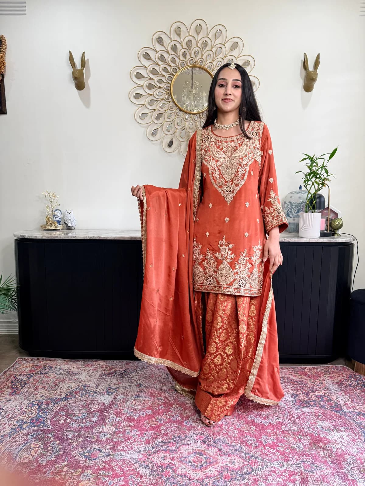 Orange Farshi Salwar Set with Chinon Dupatta front view on model