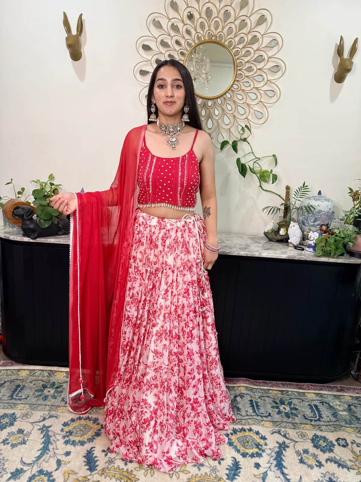 chiffon printed lehenga with hand embroidered lucknowi choli with chiffon dupatta front view on model