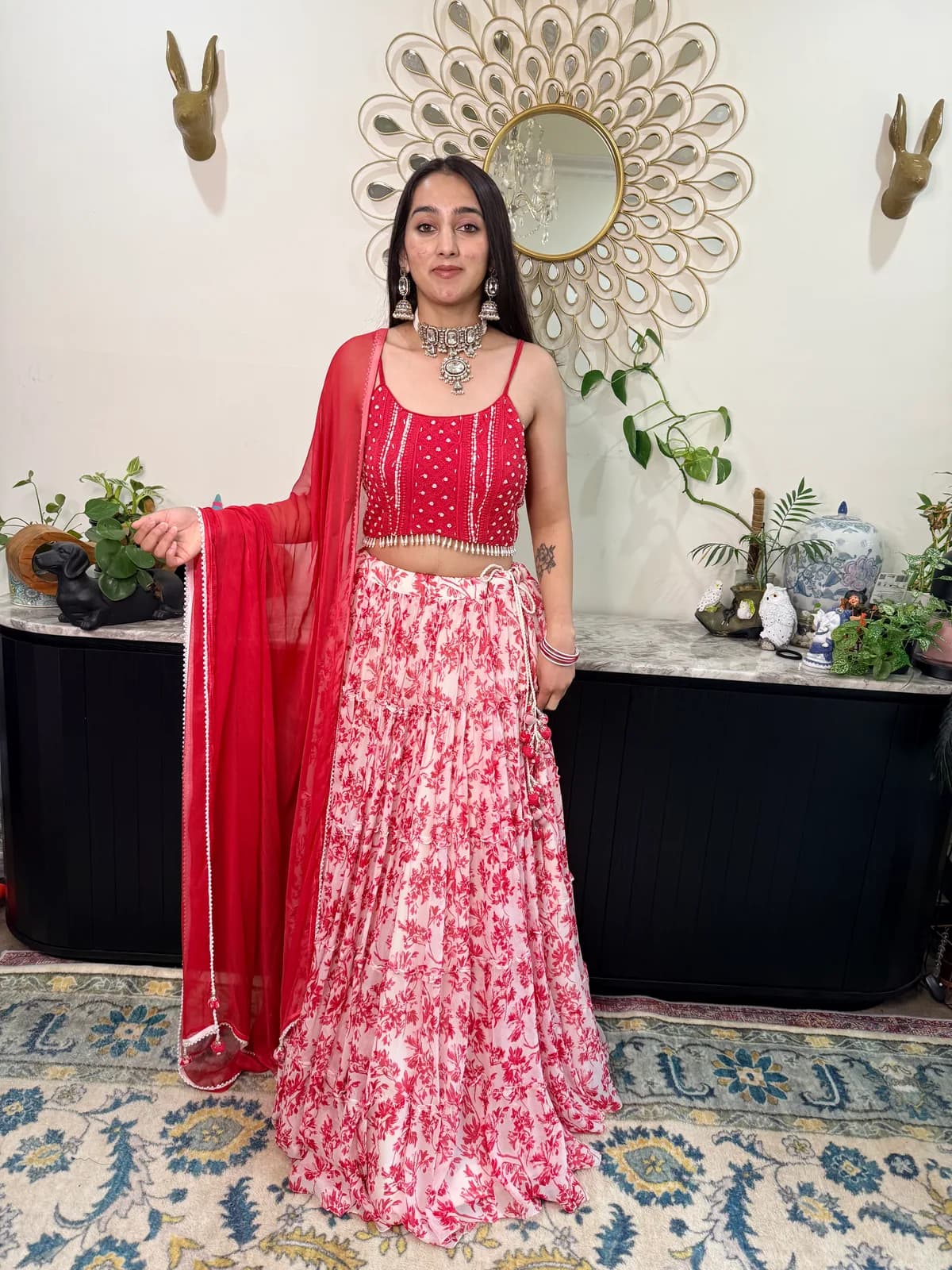 chiffon printed lehenga with hand embroidered lucknowi choli with chiffon dupatta front view on model