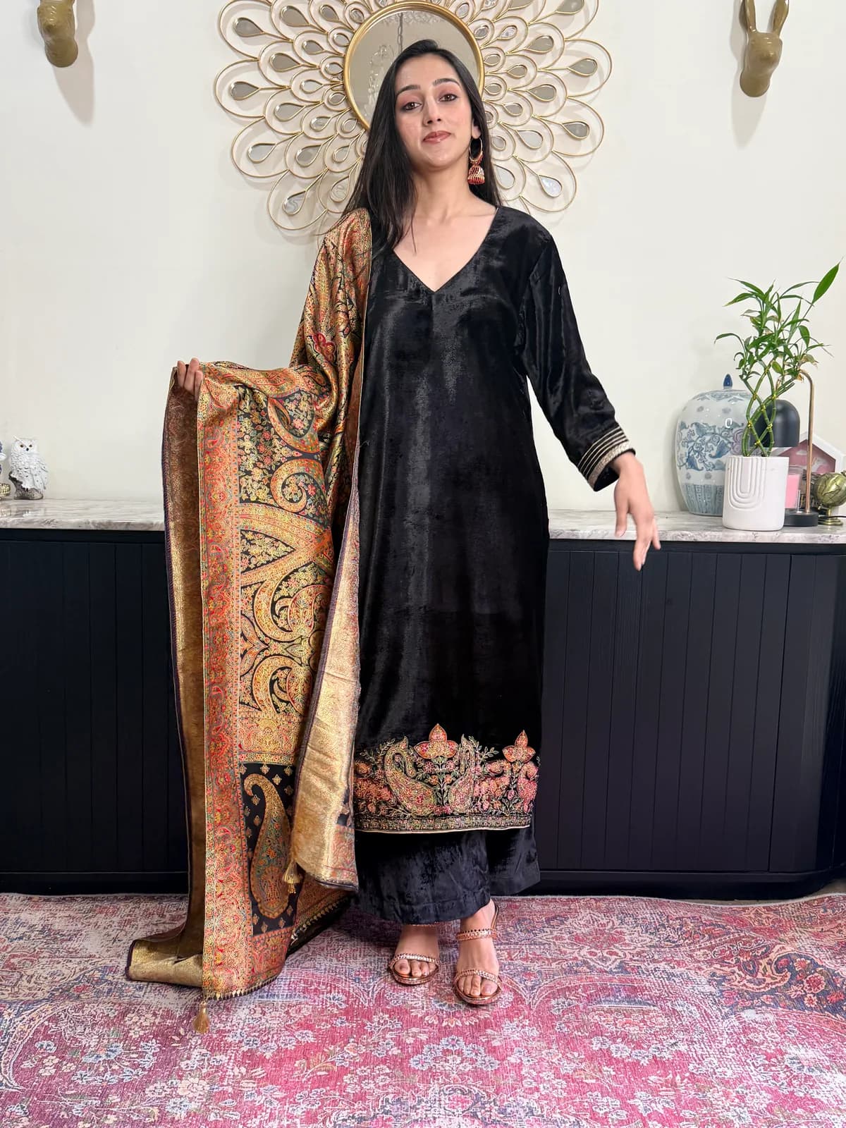 Black Velvet Embroidered Suit with Jamawar Dupatta front view on model