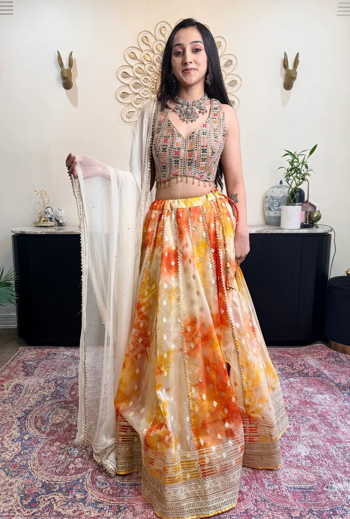 Lehenga choli with chiffon dupatta front view on model