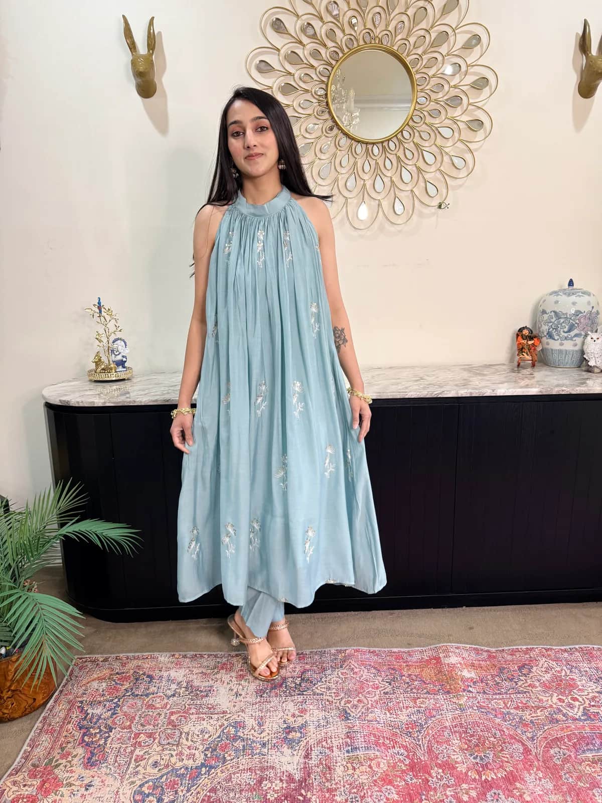 Cotton A-line Flared Two-Piece Set front view on model