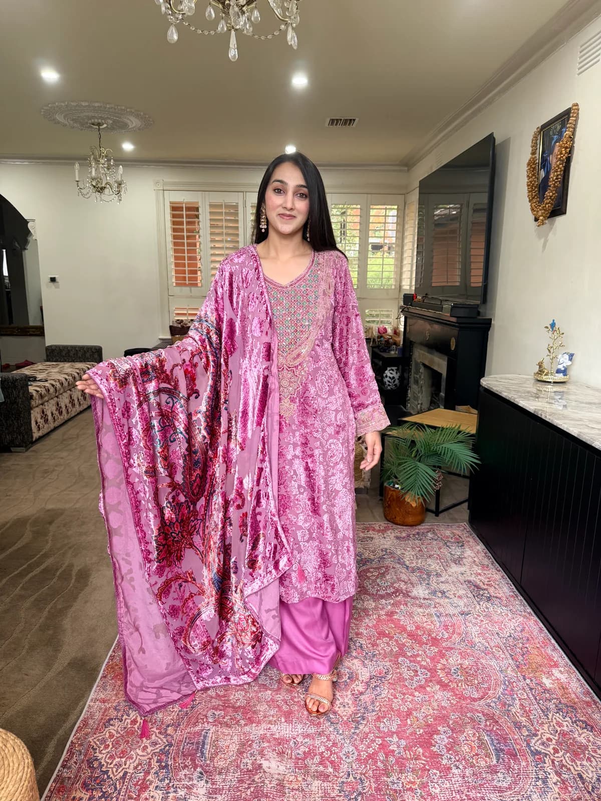 Pink brasso velvet shirt with dupatta front view on model