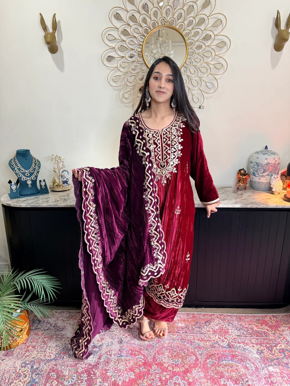 Maroon Crushed Velvet Palazzo Set front view on model